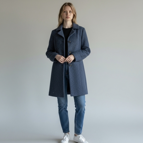 Anne Klein Pea Coat Cobalt Blue Wool Blend Nubby Tweed Full Length Sz S - Picture 11 of 11